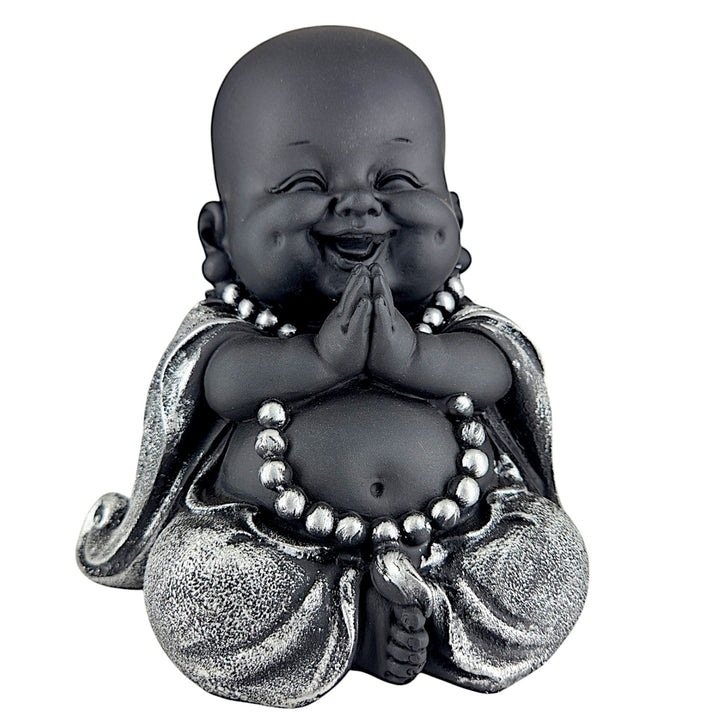 Black & Silver Laughing Buddha Idol | Resin Baby Monk Buddha for Home Decor, Office Desk & Gifting, Buddha gift for housewarming - Karigaari India Aesthetic Home Decor