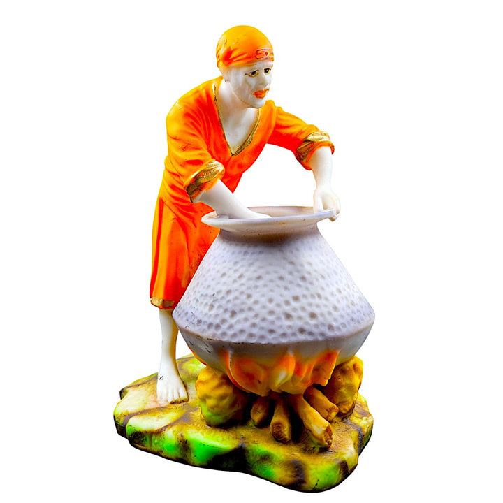 Sai Baba Cooking Statue Resin Idol of Shirdi Sai Preparing Prasadam Decorative Spiritual Figurine for Home Temple, Office & Gifting - Karigaari India Aesthetic Home Decor
