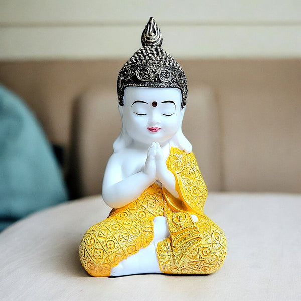 Buddha Statue Meditation Prayer Home Decor - White Gold Resin Buddha Figurine - Zen Buddhist Gift - Mindfulness Yoga Room Decoration - Spiritual Feng Shui Ornament