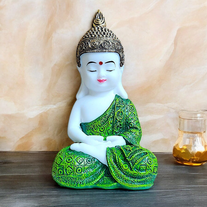 Meditation Buddha Statue Green Robe | Sitting Buddha Figurine Resin Home Decor | Zen Buddhist Gift | Mindfulness Yoga Room Decoration | Spiritual Feng Shui Good Luck Ornament | - Karigaari India Aesthetic Home Decor