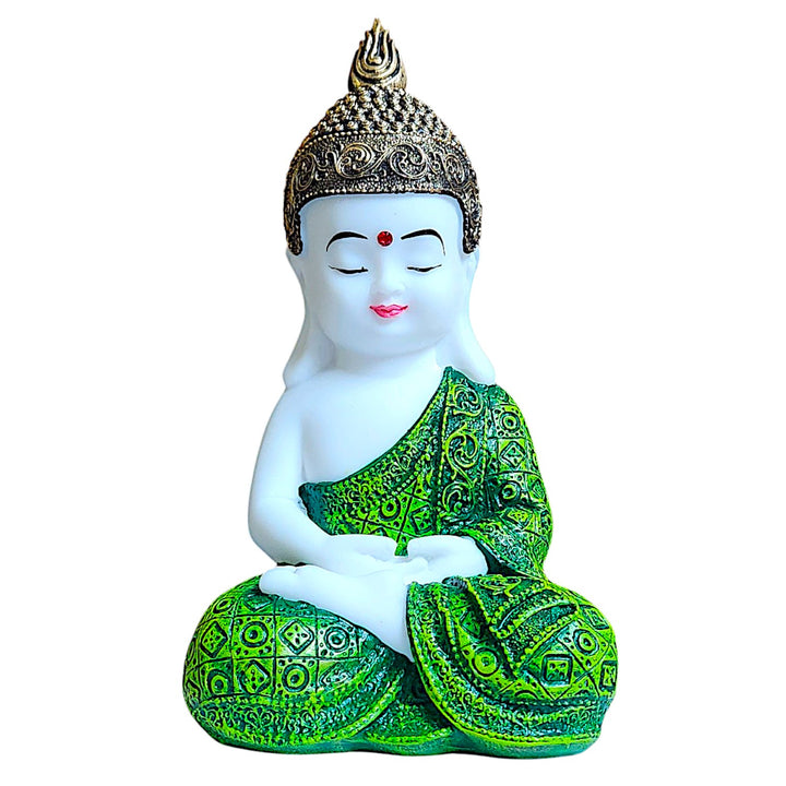 Meditation Buddha Statue Green Robe | Sitting Buddha Figurine Resin Home Decor | Zen Buddhist Gift | Mindfulness Yoga Room Decoration | Spiritual Feng Shui Good Luck Ornament | - Karigaari India Aesthetic Home Decor