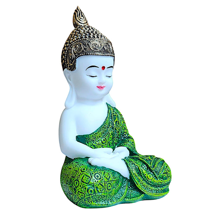 Meditation Buddha Statue Green Robe | Sitting Buddha Figurine Resin Home Decor | Zen Buddhist Gift | Mindfulness Yoga Room Decoration | Spiritual Feng Shui Good Luck Ornament | - Karigaari India Aesthetic Home Decor