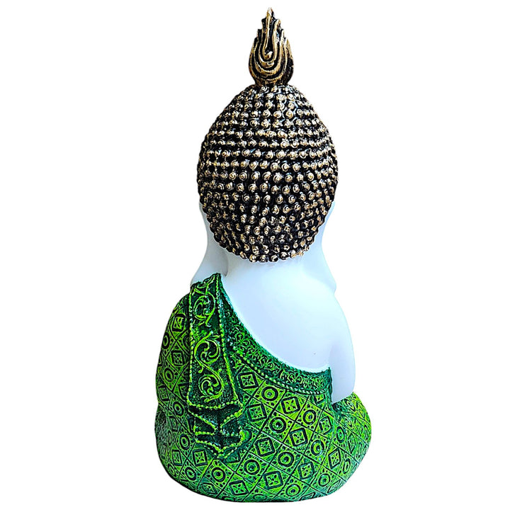 Meditation Buddha Statue Green Robe | Sitting Buddha Figurine Resin Home Decor | Zen Buddhist Gift | Mindfulness Yoga Room Decoration | Spiritual Feng Shui Good Luck Ornament | - Karigaari India Aesthetic Home Decor