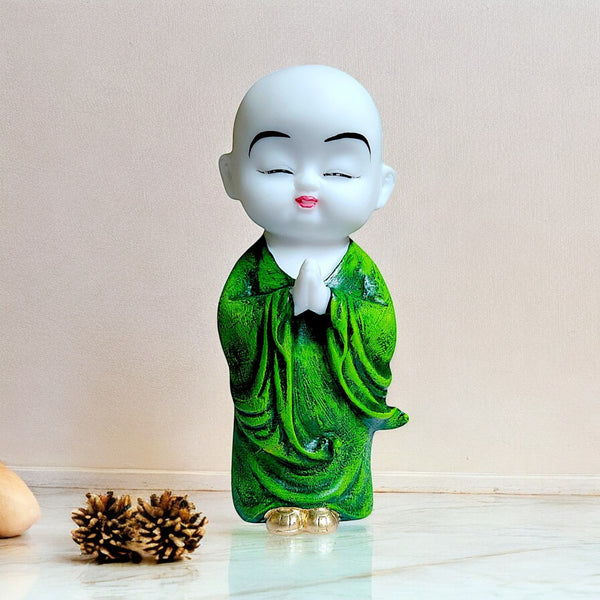 Resin Baby Monk Buddha Idol in Green Namaste Pose | Peaceful Home Decor Showpiece | Gift for Spiritual & Zen Lovers