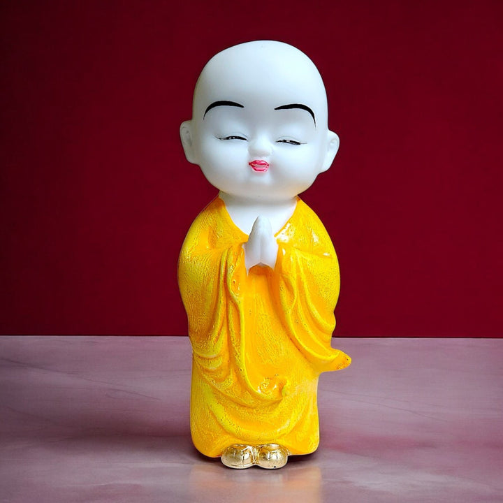 Cute Baby Monk Buddha Statue in Yellow Robe Resin Namaste Buddha Idol for Home Decor, Office Table & Gifting Peaceful Monk Showpiece - Karigaari India Aesthetic Home Decor