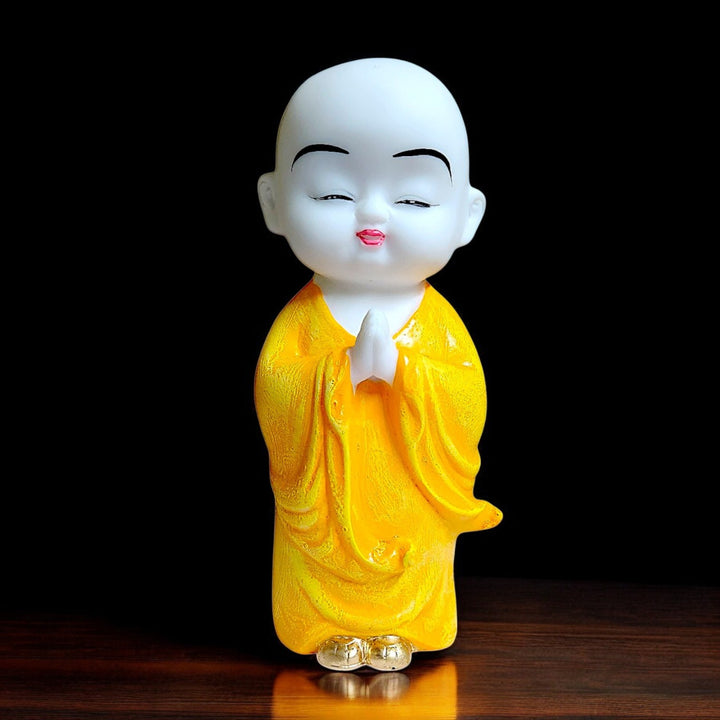 Cute Baby Monk Buddha Statue in Yellow Robe Resin Namaste Buddha Idol for Home Decor, Office Table & Gifting Peaceful Monk Showpiece - Karigaari India Aesthetic Home Decor