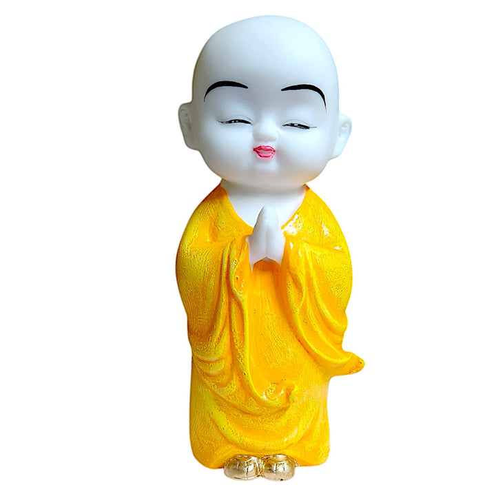 Cute Baby Monk Buddha Statue in Yellow Robe Resin Namaste Buddha Idol for Home Decor, Office Table & Gifting Peaceful Monk Showpiece - Karigaari India Aesthetic Home Decor