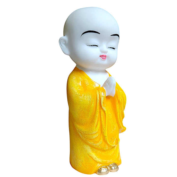 Cute Baby Monk Buddha Statue in Yellow Robe Resin Namaste Buddha Idol for Home Decor, Office Table & Gifting Peaceful Monk Showpiece - Karigaari India Aesthetic Home Decor