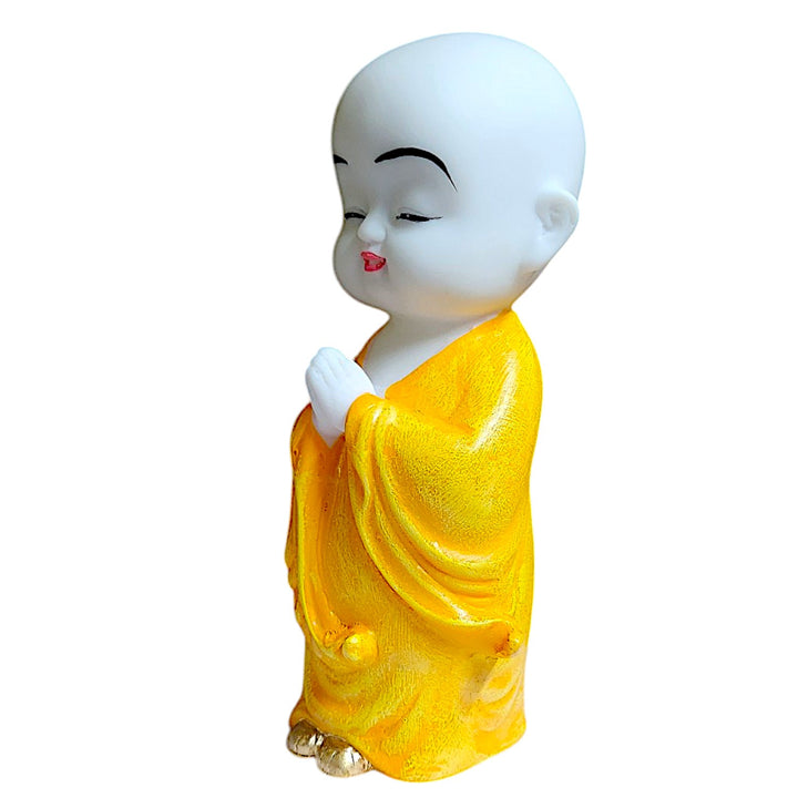Cute Baby Monk Buddha Statue in Yellow Robe Resin Namaste Buddha Idol for Home Decor, Office Table & Gifting Peaceful Monk Showpiece - Karigaari India Aesthetic Home Decor