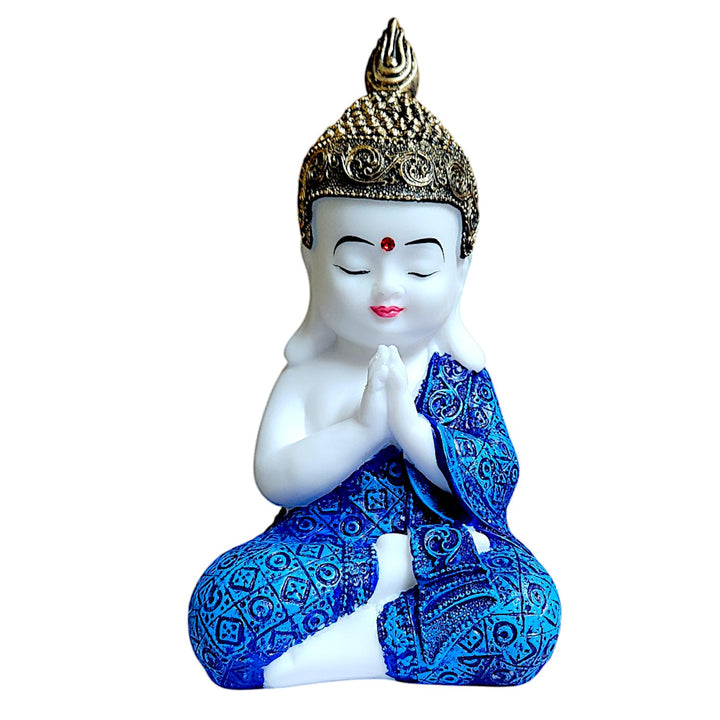 Buddha Statue Blue Robe Meditation | Peaceful Praying Buddha Figurine | Zen Buddhist Home Decor | Resin Mindfulness Sculpture | Spiritual Yoga Gift | Feng Shui Prosperity Ornament | Prayer Ha - Karigaari India Aesthetic Home Decor