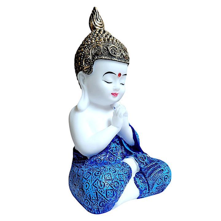 Buddha Statue Blue Robe Meditation | Peaceful Praying Buddha Figurine | Zen Buddhist Home Decor | Resin Mindfulness Sculpture | Spiritual Yoga Gift | Feng Shui Prosperity Ornament | Prayer Ha - Karigaari India Aesthetic Home Decor