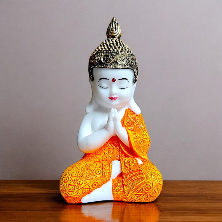 Meditating Buddha Statue - White and Orange Resin Figurine - Zen Home Decor - Spiritual Gift - Meditation Room Decoration - Karigaari India Aesthetic Home Decor