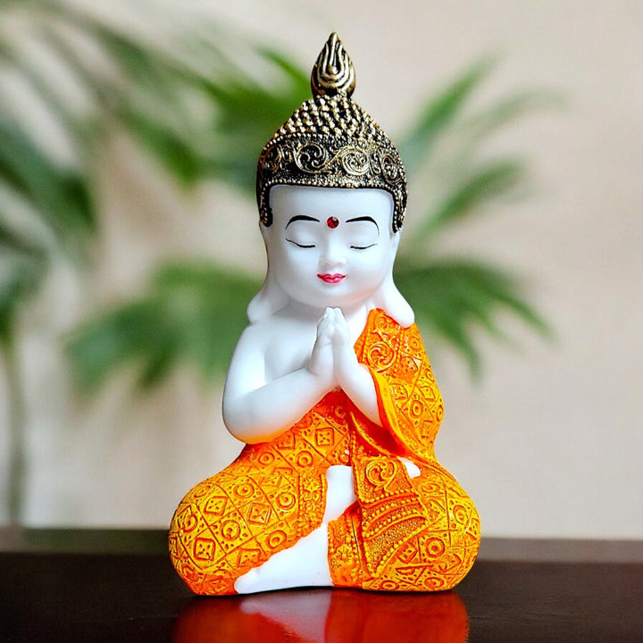 Meditating Buddha Statue - White and Orange Resin Figurine - Zen Home Decor - Spiritual Gift - Meditation Room Decoration - Karigaari India Aesthetic Home Decor