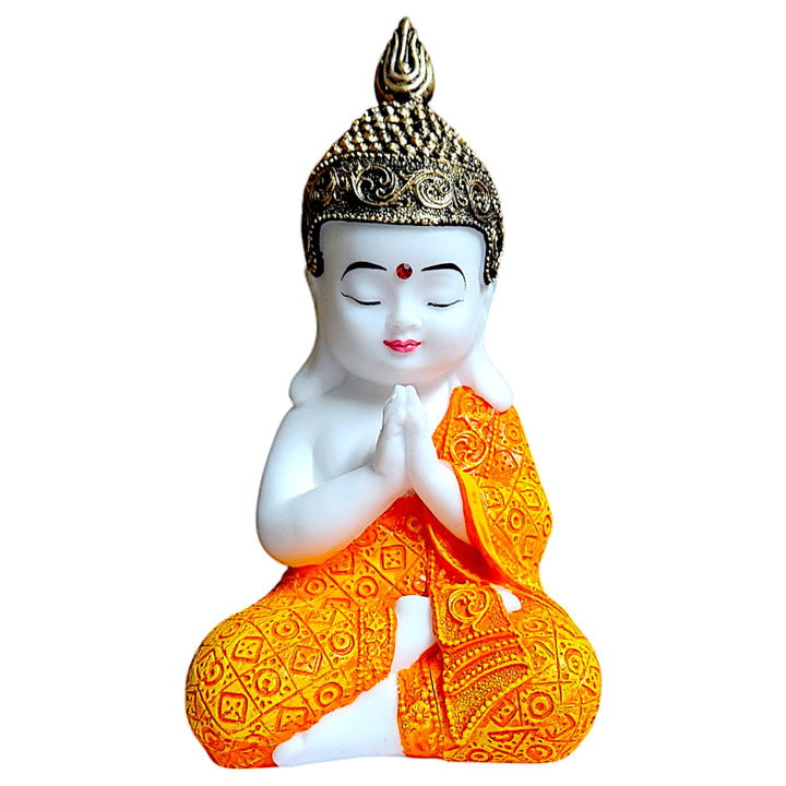 Meditating Buddha Statue - White and Orange Resin Figurine - Zen Home Decor - Spiritual Gift - Meditation Room Decoration - Karigaari India Aesthetic Home Decor
