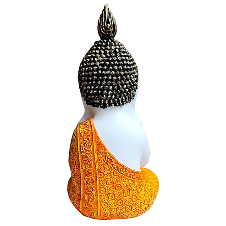 Meditating Buddha Statue - White and Orange Resin Figurine - Zen Home Decor - Spiritual Gift - Meditation Room Decoration - Karigaari India Aesthetic Home Decor