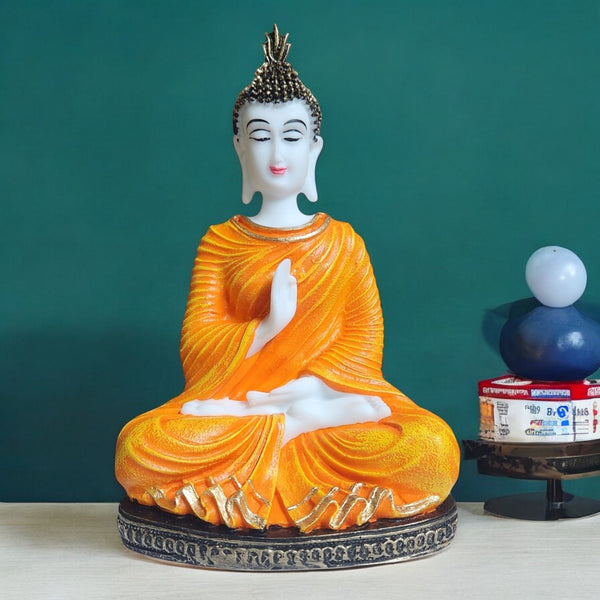 Resin Sitting Buddha Idol in Orange Robe | Blessing Buddha Statue for Home Decor & Gifting | Peaceful Meditation Showpiece for Living Room & Mandir - Karigaari India Aesthetic Home Decor