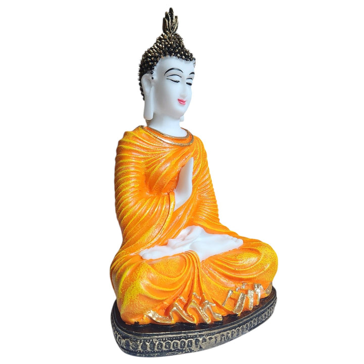 Resin Sitting Buddha Idol in Orange Robe | Blessing Buddha Statue for Home Decor & Gifting | Peaceful Meditation Showpiece for Living Room & Mandir - Karigaari India Aesthetic Home Decor