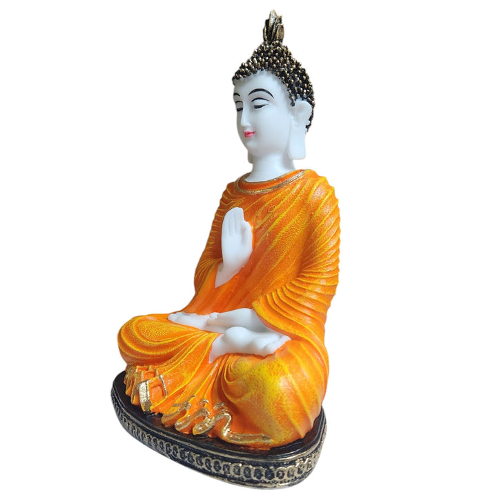 Resin Sitting Buddha Idol in Orange Robe | Blessing Buddha Statue for Home Decor & Gifting | Peaceful Meditation Showpiece for Living Room & Mandir - Karigaari India Aesthetic Home Decor