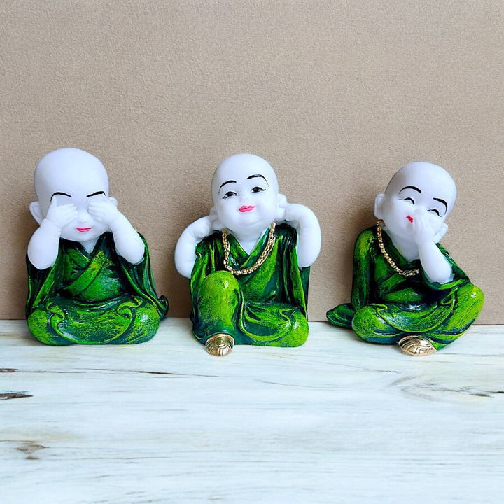 Set of 3 Cute Little Buddha Monk Statues Hear No Evil, See No Evil, Speak No Evil Resin Home Decor Showpieces (Green Robes) - Karigaari India Aesthetic Home Decor