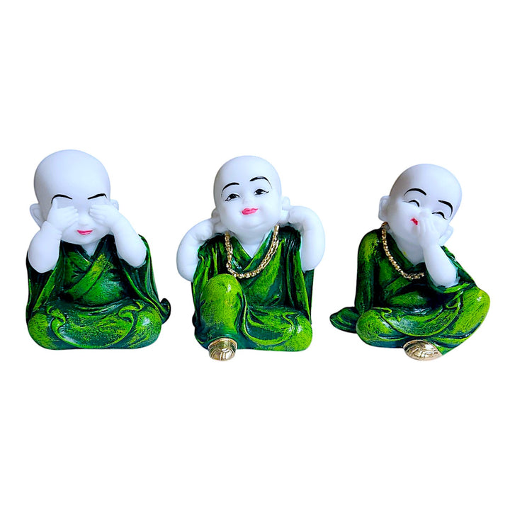 Set of 3 Cute Little Buddha Monk Statues Hear No Evil, See No Evil, Speak No Evil Resin Home Decor Showpieces (Green Robes) - Karigaari India Aesthetic Home Decor