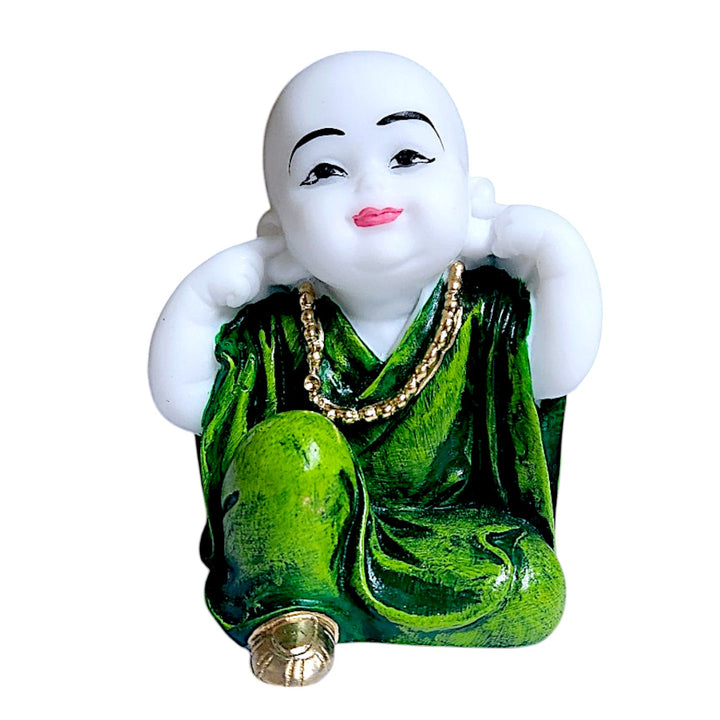 Set of 3 Cute Little Buddha Monk Statues Hear No Evil, See No Evil, Speak No Evil Resin Home Decor Showpieces (Green Robes) - Karigaari India Aesthetic Home Decor