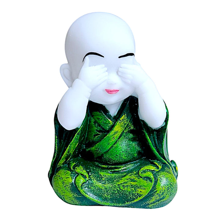 Set of 3 Cute Little Buddha Monk Statues Hear No Evil, See No Evil, Speak No Evil Resin Home Decor Showpieces (Green Robes) - Karigaari India Aesthetic Home Decor