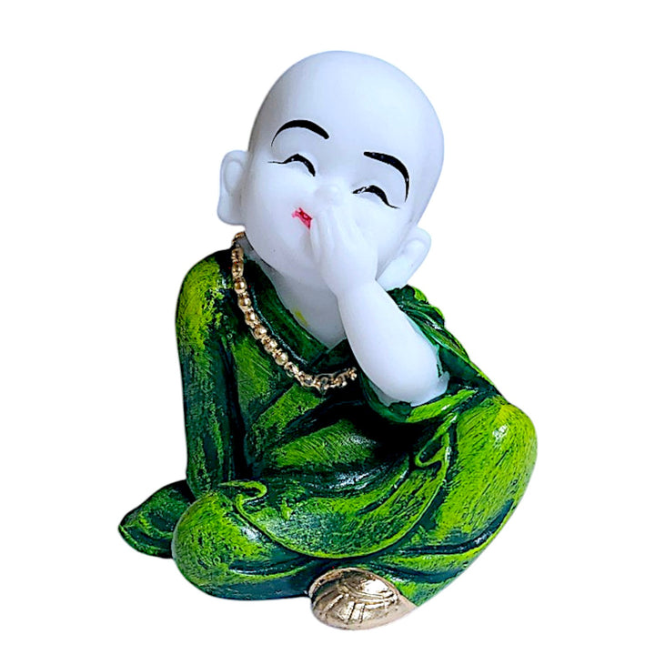 Set of 3 Cute Little Buddha Monk Statues Hear No Evil, See No Evil, Speak No Evil Resin Home Decor Showpieces (Green Robes) - Karigaari India Aesthetic Home Decor