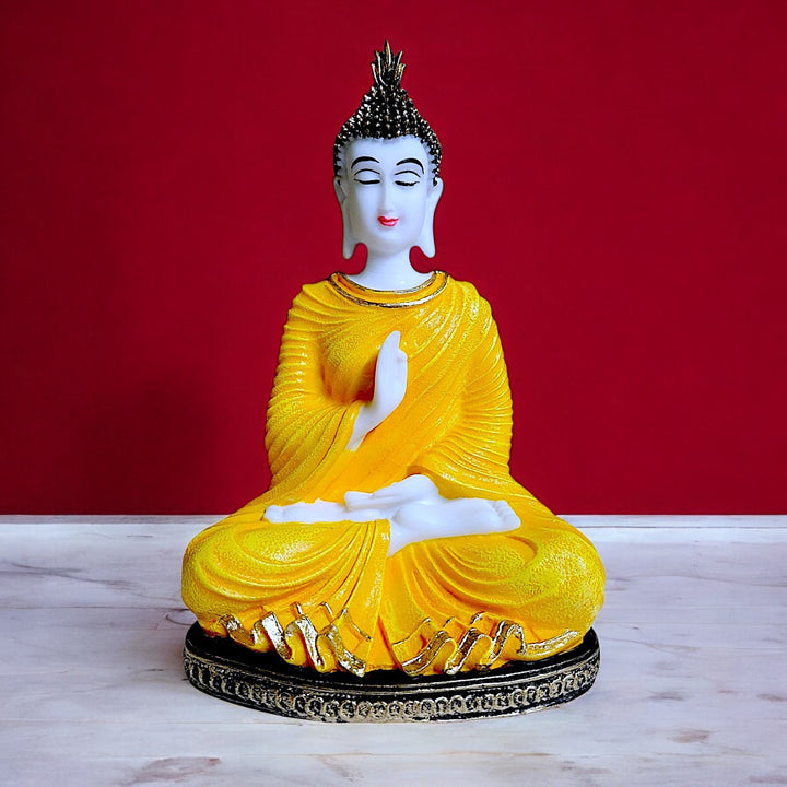 Serenity in Style Radiant Yellow Resin Buddha Idol for Peaceful Vibes | Home & Meditation Decor Statue - Karigaari India Aesthetic Home Decor