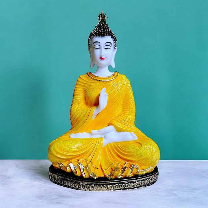 Serenity in Style Radiant Yellow Resin Buddha Idol for Peaceful Vibes | Home & Meditation Decor Statue - Karigaari India Aesthetic Home Decor