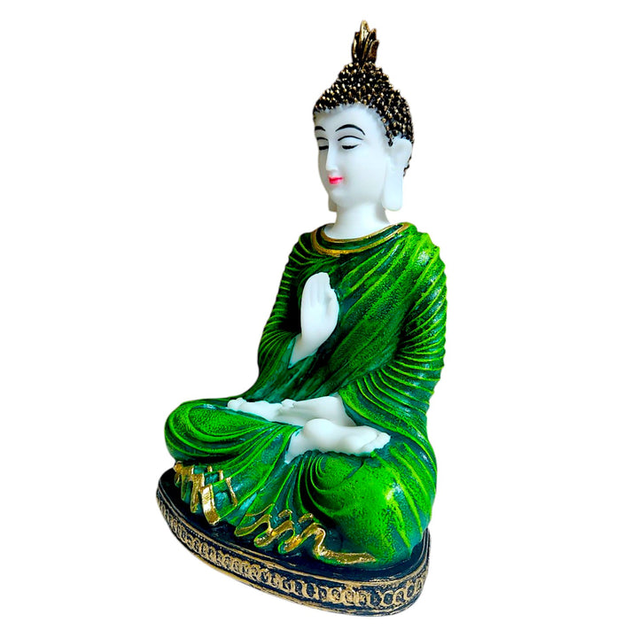 "Green Aura Resin Buddha Statue Elegant Meditative Idol for Home Decor & Spiritual Gifting" - Karigaari India Aesthetic Home Decor