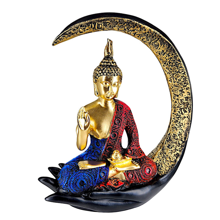 "Resin Meditating Buddha Idol on Crescent Moon Handcrafted Home Decor & Spiritual Gift | Peaceful Tabletop Accent for Living Room, Office & Meditation Space" - Karigaari India Aesthetic Home Decor