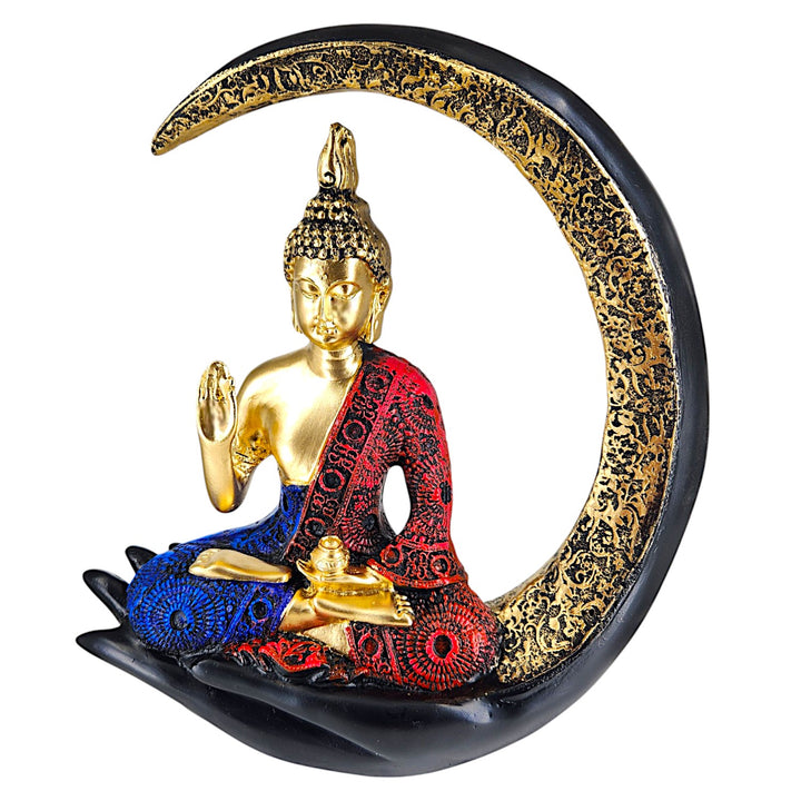 "Resin Meditating Buddha Idol on Crescent Moon Handcrafted Home Decor & Spiritual Gift | Peaceful Tabletop Accent for Living Room, Office & Meditation Space" - Karigaari India Aesthetic Home Decor
