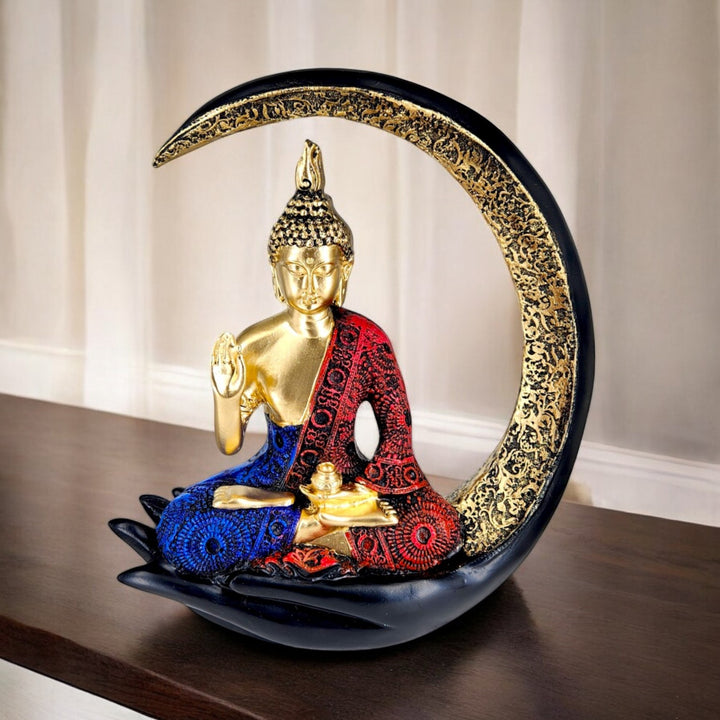 "Resin Meditating Buddha Idol on Crescent Moon Handcrafted Home Decor & Spiritual Gift | Peaceful Tabletop Accent for Living Room, Office & Meditation Space" - Karigaari India Aesthetic Home Decor