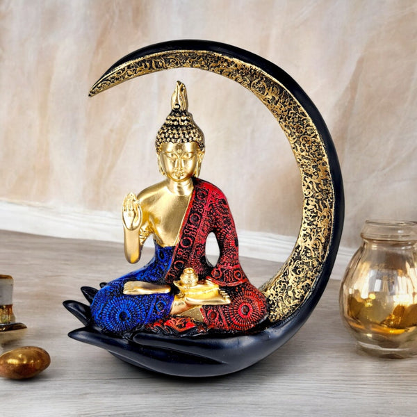 "Resin Meditating Buddha Idol on Crescent Moon Handcrafted Home Decor & Spiritual Gift | Peaceful Tabletop Accent for Living Room, Office & Meditation Space"