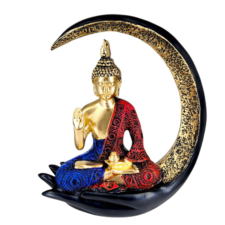 "Resin Meditating Buddha Idol on Crescent Moon Handcrafted Home Decor & Spiritual Gift | Peaceful Tabletop Accent for Living Room, Office & Meditation Space" - Karigaari India Aesthetic Home Decor
