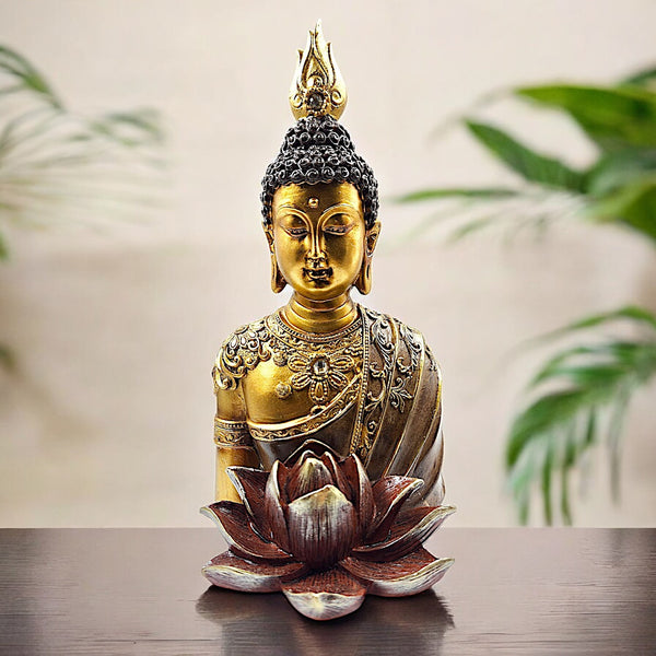 Serene Golden Buddha Idol with Lotus Base  - Resin Statue for Peace, Enlightenment & Home Decor