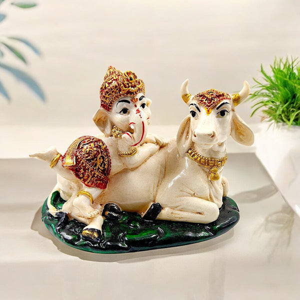 Divine Ganesha & Kamdhenu Cow Idol  - Auspicious Resin Statue for Prosperity & Home Blessings