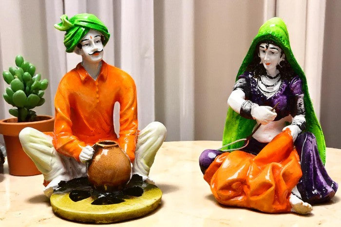 Resin Rajasthani Cooking Couple Statue - Village Life - Karigaari India Aesthetic Home Decor