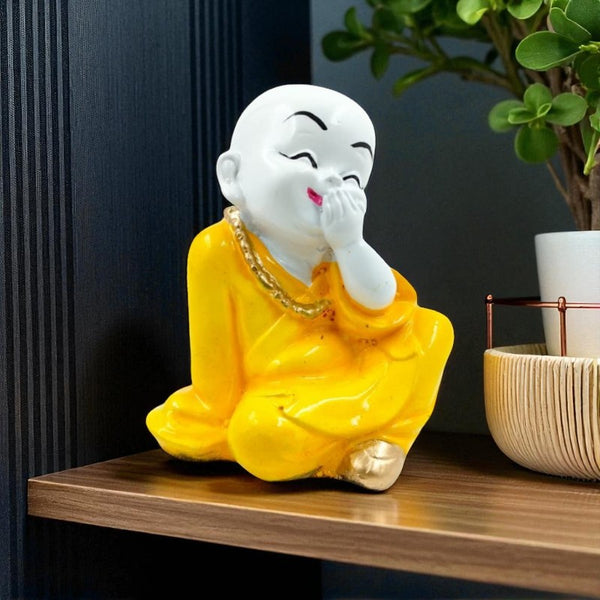 Peaceful Giggling Baby Monk Buddha  | Polyresin Smiling Sitting Statue for Inner Joy, Zen Decor & Serene Gifting