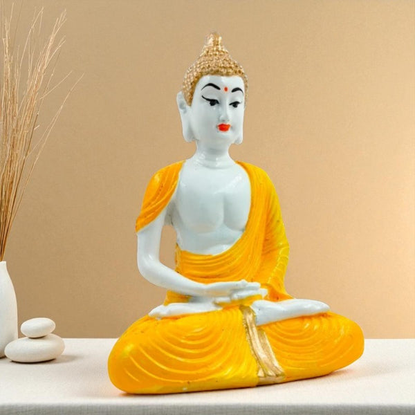 Serene White & Yellow Meditating Buddha Idol | Polyresin Zen Statue for Inner Peace, Enlightenment & Tranquil Home Decor