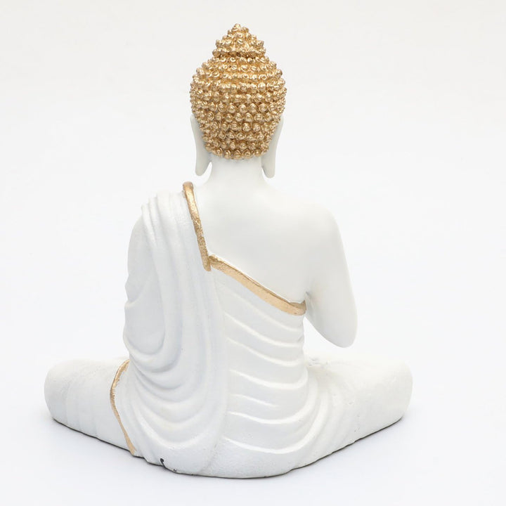 Pure White Meditating Buddha Golden Accent Resin Decor - Karigaari India Aesthetic Home Decor