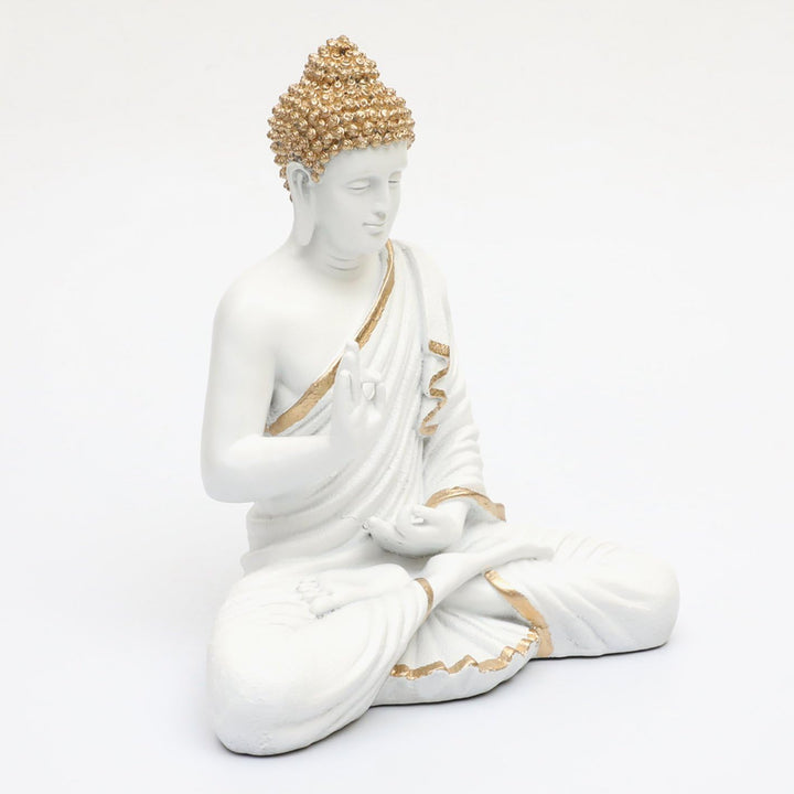 Pure White Meditating Buddha Golden Accent Resin Decor - Karigaari India Aesthetic Home Decor