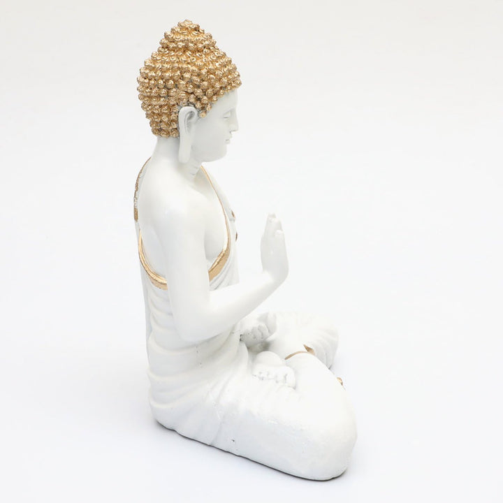 Pure White Meditating Buddha Golden Accent Resin Decor - Karigaari India Aesthetic Home Decor