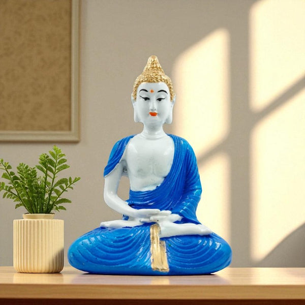 Serene Blue & White Meditating Buddha Idol  | Polyresin Zen Statue for Inner Peace, Mindfulness & Tranquil Home Decor