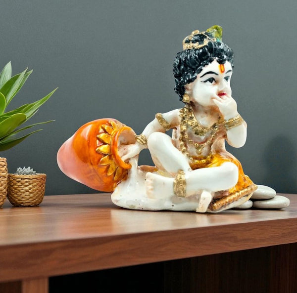 Adorable Bal Krishna Makhan Chor Idol | Resin Butter Thief Laddu Gopal Statue for Joy, Prosperity & Divine Home Decor