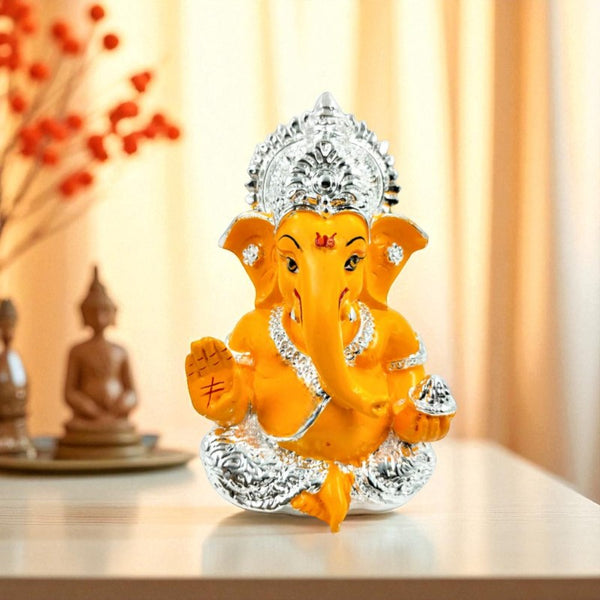 Ornate White & Colourful Ganesha Idol  | Polyresin Jeweled Prosperity Statue for Auspicious Home Decor & Divine Blessings