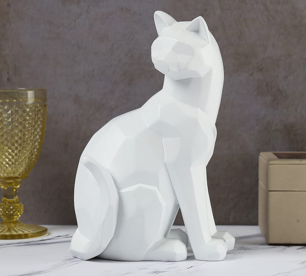 Resin White Cat Figurine | Elegant Animal Showpiece for Home & Office Decor | Luxury Gifting Sculpture