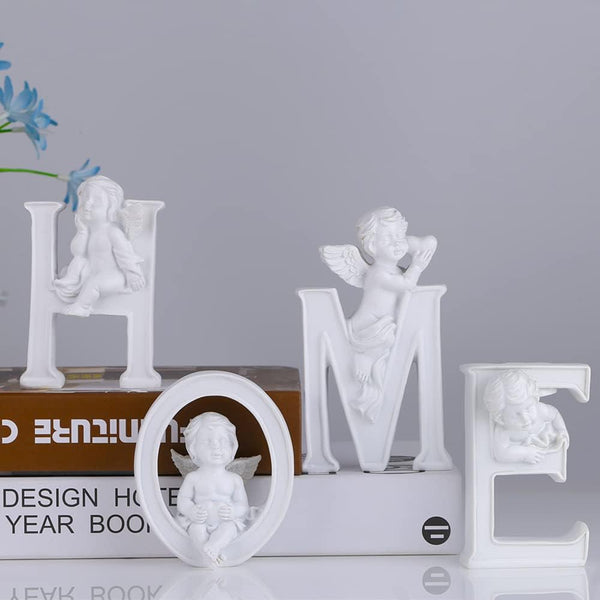 Charming "HOME" Letter Decor with Angels  | Polyresin White Tabletop Figurine Set for Housewarming, Family & Modern Home Decor