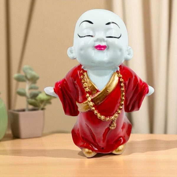 Charming Standing Red Baby Monk Buddha Idol  | Polyresin Playful Showpiece for Joy, Good Fortune & Welcoming Home Decor