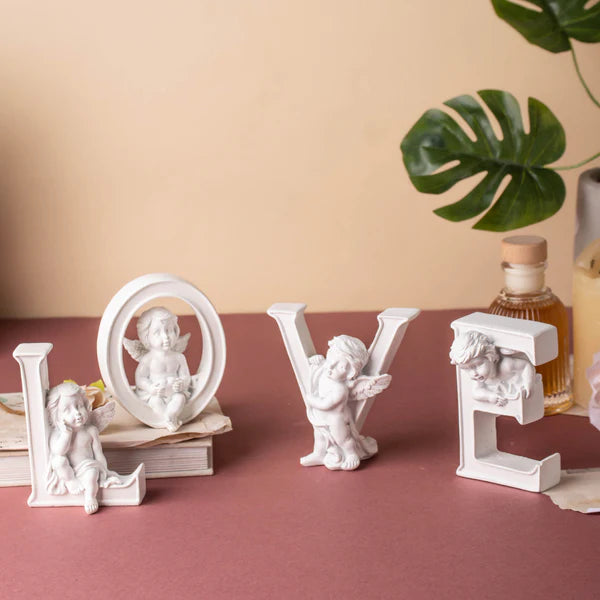 Romantic "LOVE" Letter Decor with Angels  | Polyresin White Tabletop Figurine Set for Anniversary, Wedding & Elegant Home Decor